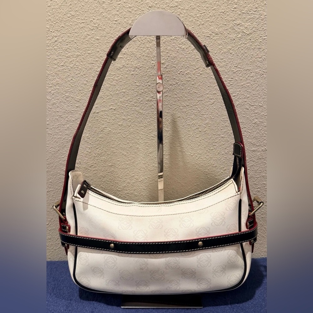 Loewe Vintage Anagram Shoulder Bag White Coated Canvas with Black Leather Trim